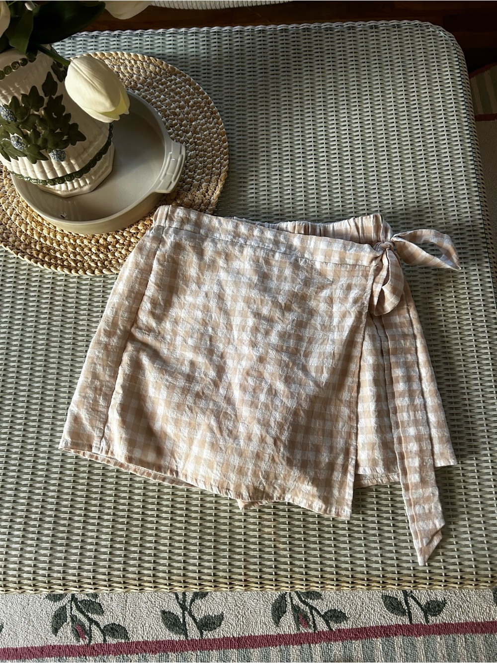Pink Lily Beige and White Gingham Wrap Skirt